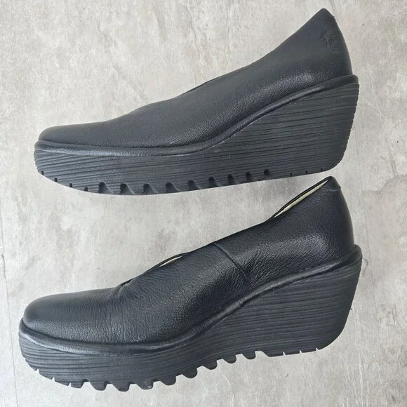 Fly London Wedge Pumps Black Minimalist Retro Chunky Platform Comfort Wedges - Picture 6 of 11